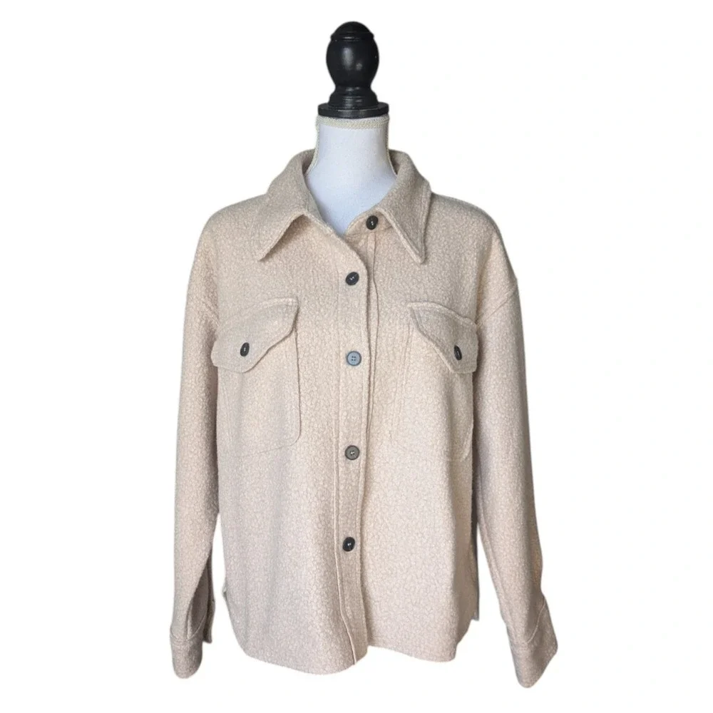 La Miel Blush Pink Tan Boucle Tan Thick Shacket Button Front Sz Small Oversized